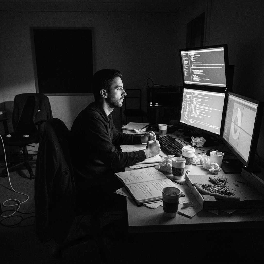Stressed professional at desk with multiple screens