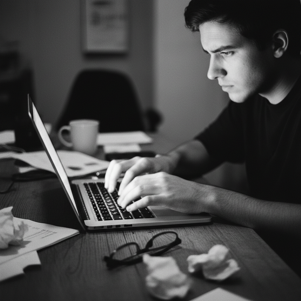 Hands typing rapidly on laptop keyboard